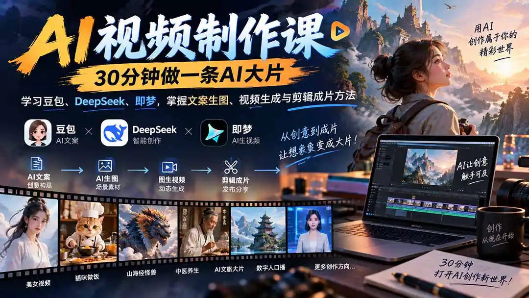 AI视频制作课-30分钟做一条AI大片：学习豆包、DeepSeek、即梦，掌握文案生图、视频生成与剪辑成片方法-项目资源网
