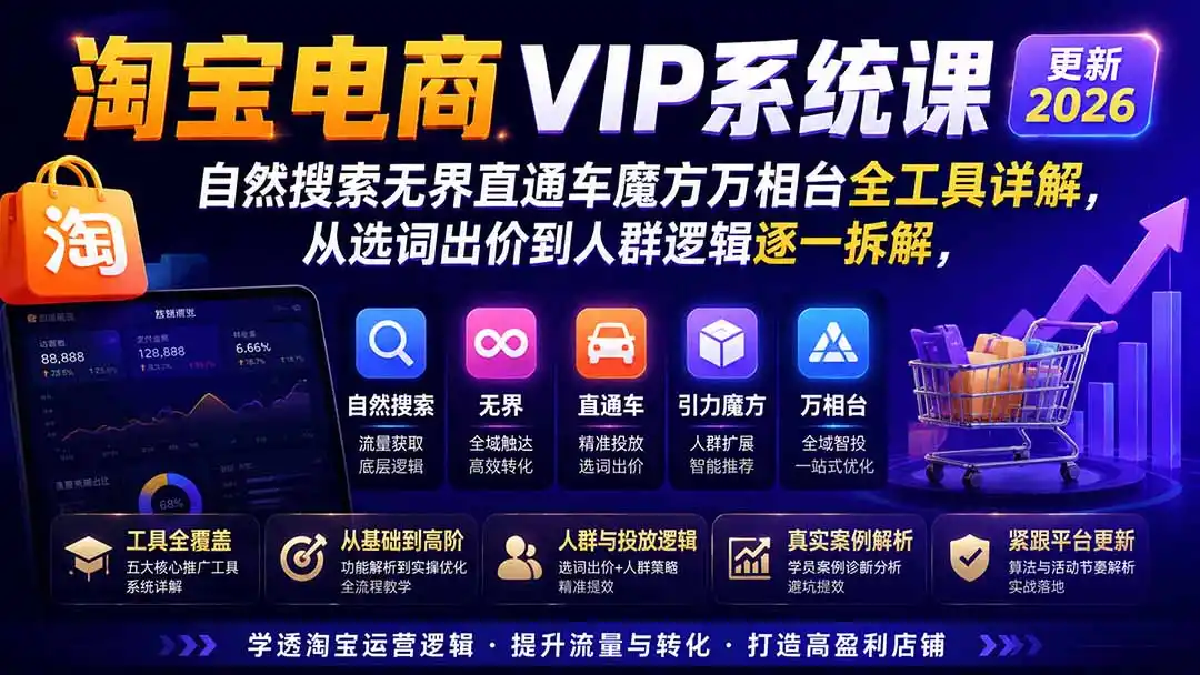 淘宝电商VIP系统课-更新8月；自然搜索无界直通车魔方万相台全工具详解，从选词出价到人群逻辑逐一拆解-项目资源网