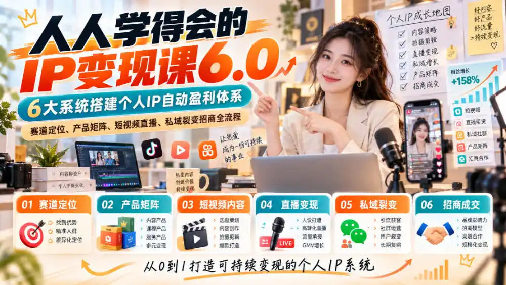 人人学得会的IP变现课6.0，6大系统搭建个人IP自动盈利体系，赛道定位、产品矩阵、短视频直播、私域裂变招商全流程-项目资源网