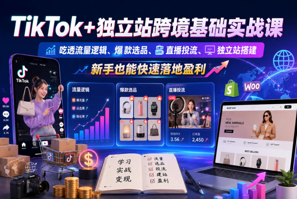 TikTok+独立站跨境基础实战课，吃透流量逻辑、爆款选品、直播投流与独立站搭建，新手也能快速落地盈利-项目资源网