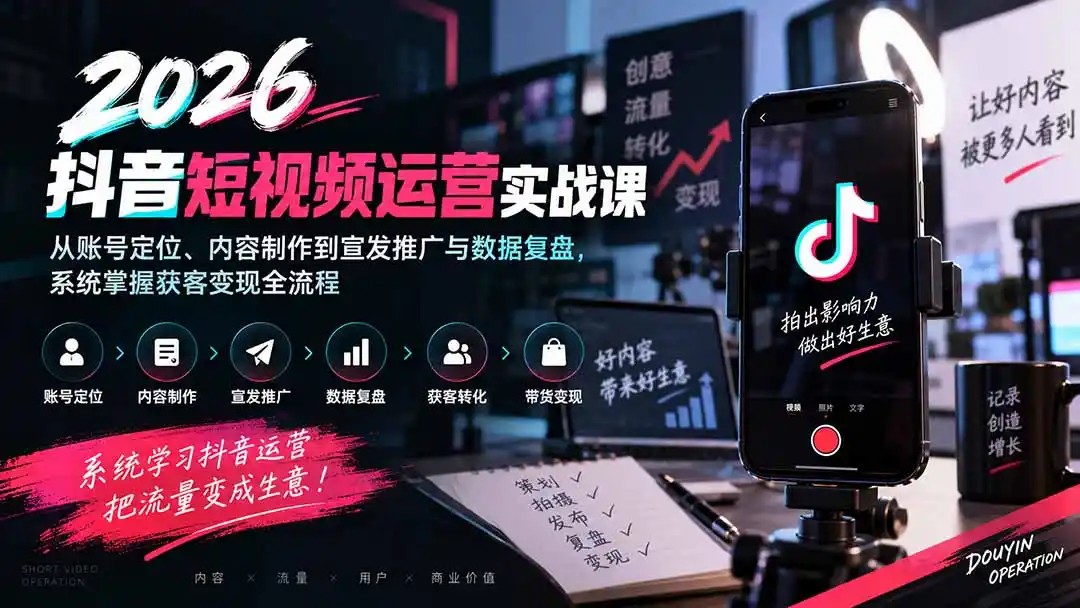 2026抖音短视频运营实战课：从账号定位、内容制作到宣发推广与数据复盘，系统掌握获客变现全流程-项目资源网