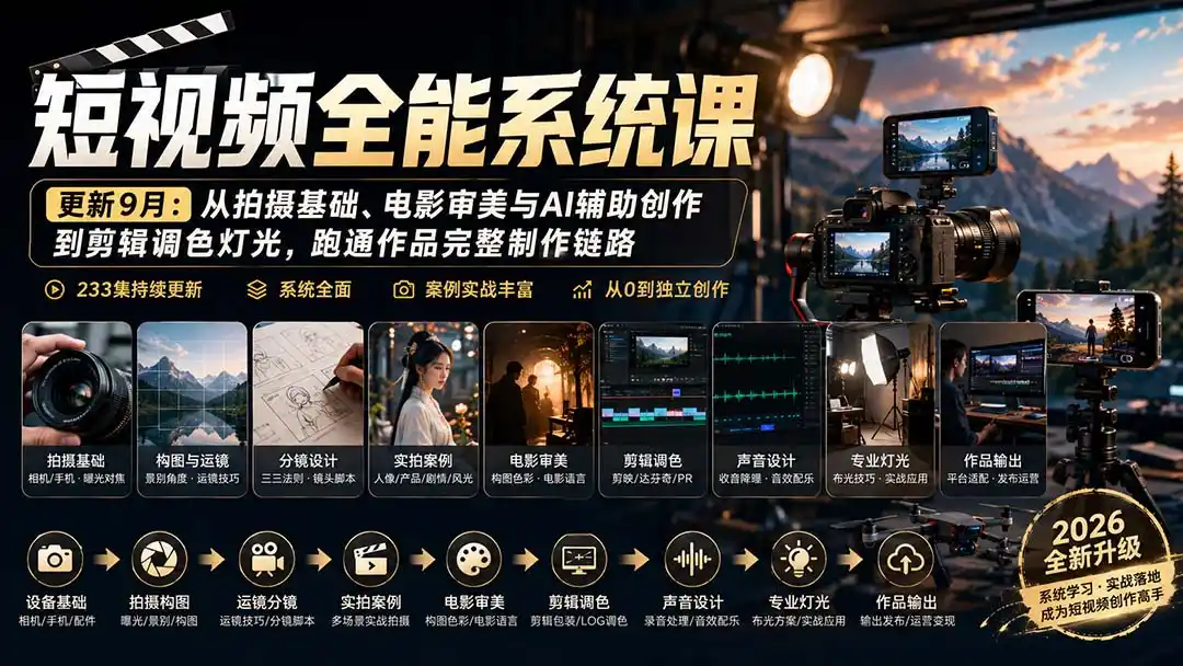 短视频全能系统课-9月完整版：从拍摄基础、电影审美与AI辅助创作到剪辑调色灯光，跑通作品完整制作链路
