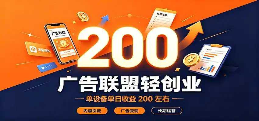 广告联盟轻创业，单设备单日收益200左右，内容引流广告变现长期运营-项目资源网