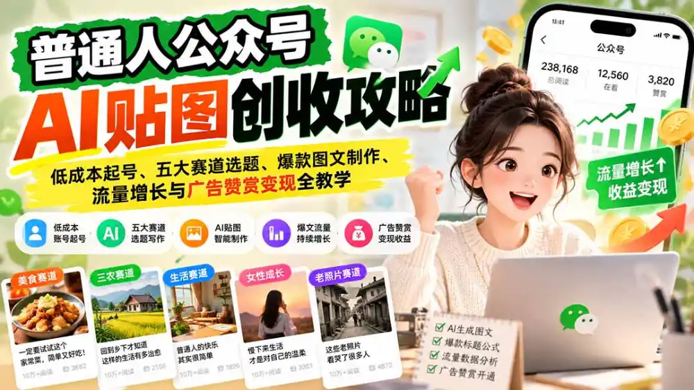 普通人公众号AI贴图创收攻略：低成本起号、五大赛道选题、爆款图文制作、流量增长与广告赞赏变现全教学-项目资源网