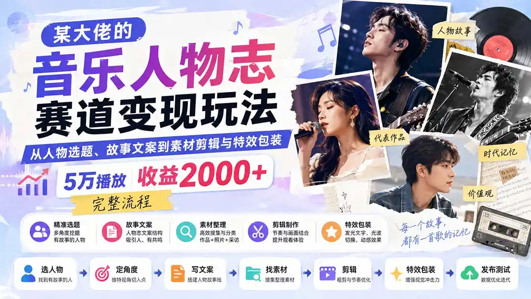 某大佬的音乐人物志赛道变现玩法：从人物选题、故事文案到素材剪辑与特效包装，5万播放收益2000+完整流程-项目资源网