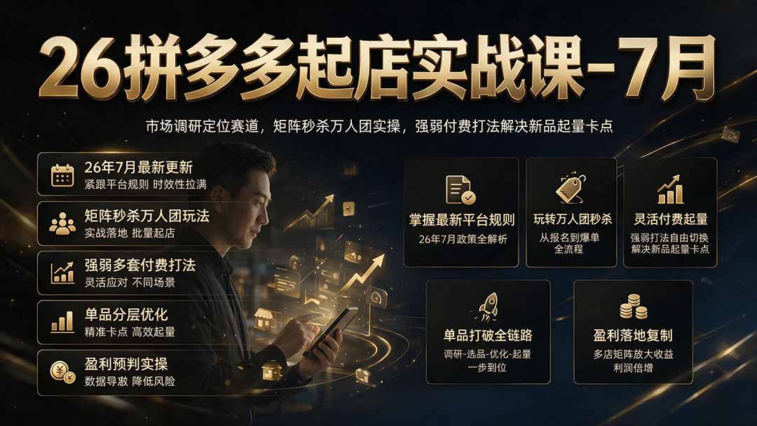 26拼多多起店实战课-7月｜市场调研定位赛道，矩阵秒杀万人团实操，强弱付费打法解决新品起量卡点-项目资源网
