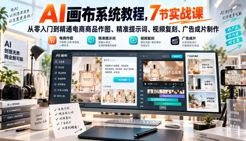 AI画布系统教程，7节实战课从零入门到精通电商商品作图、精准提示词、视频复刻、广告成片制作-项目资源网