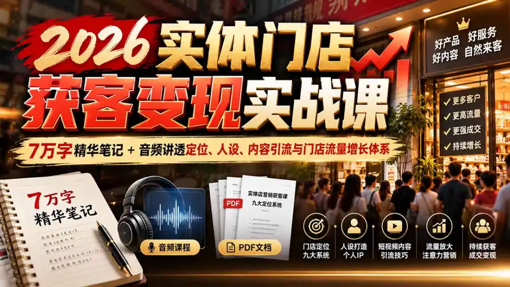 2026实体门店获客变现实战课：7万字精华笔记+音频讲透定位、人设、内容引流与门店流量增长体系-项目资源网