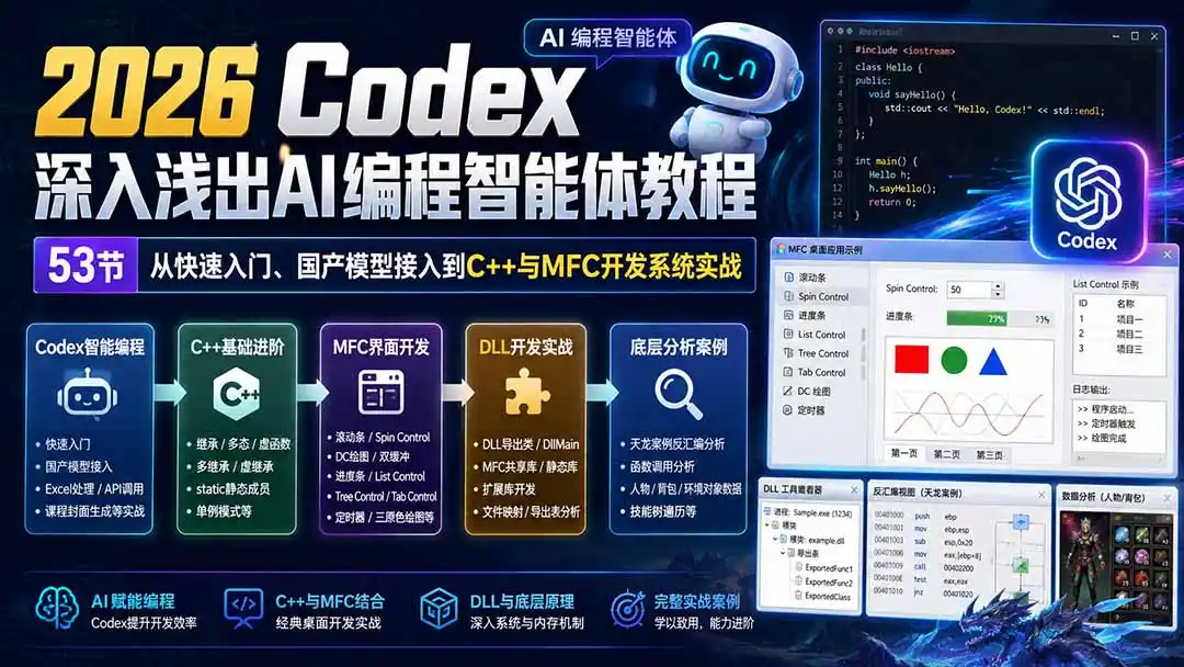 2026 Codex深入浅出AI编程智能体教程：53节从快速入门、国产模型接入到C++与MFC开发系统实战-项目资源网