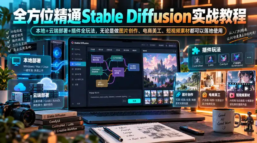 全方位精通Stable Diffusion实战教程|本地+云端部署+插件全玩法,无论是做图片创作、电商美工、短视频素材都可以落地使用-项目资源网