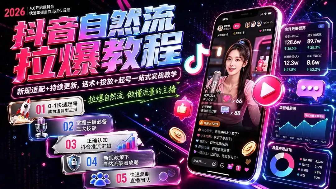 抖音自然流拉爆教程-更新9月：做懂流量的主播，新规适配+持续更新，话术+投放+起号一站式实战教学-项目资源网