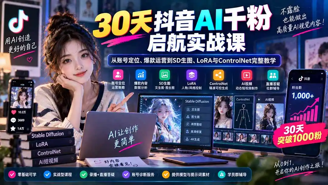 30天抖音AI千粉启航实战课：从账号定位、爆款运营到SD生图、LoRA与ControlNet完整教学-项目资源网