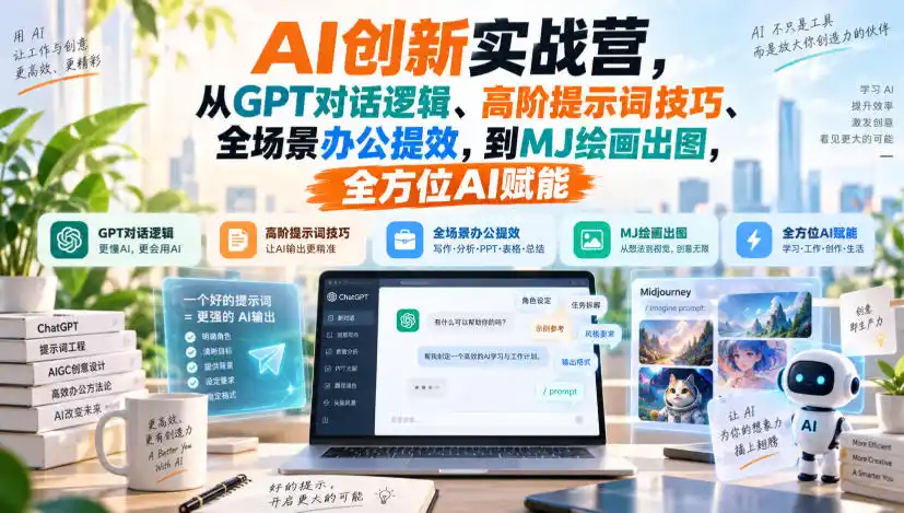 AI创新实战营，从GPT对话逻辑、高阶提示词技巧、全场景办公提效，到MJ绘画出图，全方位AI赋能-项目资源网