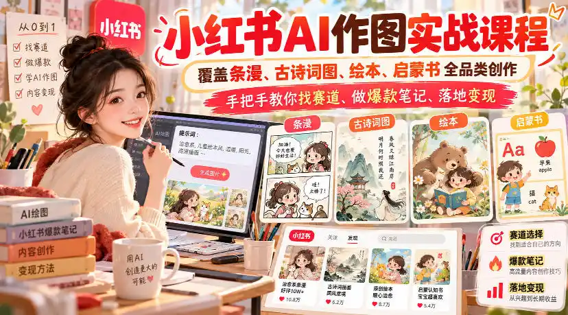 小红书AI作图实战课程，覆盖条漫、古诗词图、绘本、启蒙书全品类创作，手把手教你找赛道、做爆款笔记、落地变现(更新1009)-项目资源网