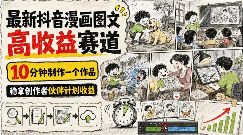 最新抖音漫画图文高收益赛道，10分钟制作一个作品，稳拿创作者伙伴计划收益-项目资源网