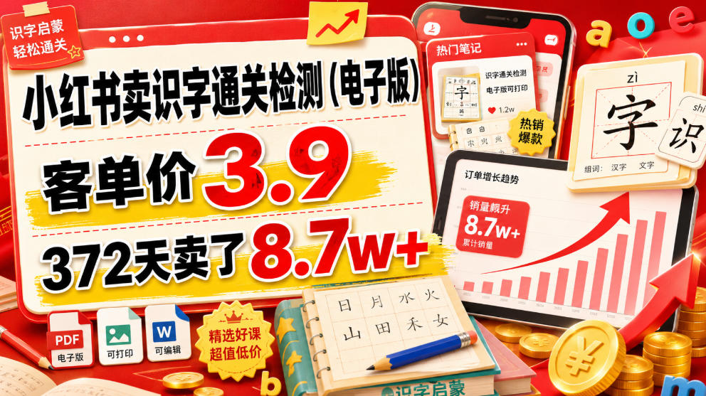 小红书卖识字通关检测(电子版)，客单价3.9，372天卖了8.7w+-项目资源网