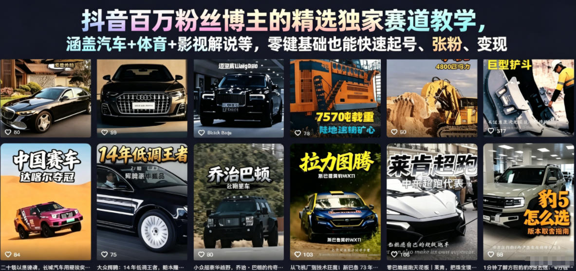 抖音百万粉丝博主的精选独家赛道教学,涵盖汽车+体育+影视解说等,零基础也能快速起号、涨粉、变现