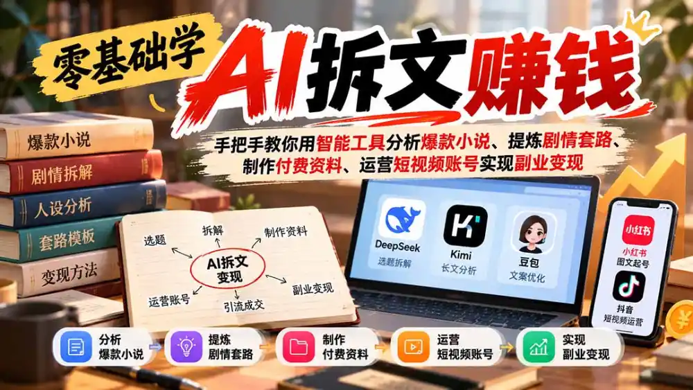 零基础学AI拆文赚钱：手把手教你用智能工具分析爆款小说、提炼剧情套路、制作付费资料、运营短视频账号实现副业变现-项目资源网