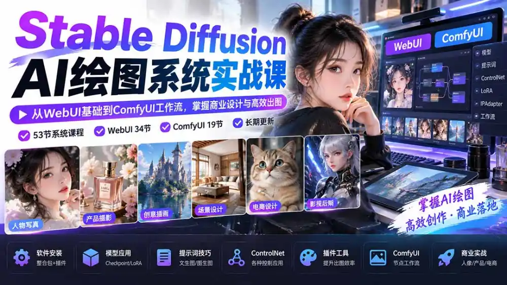 【无水印】Stable Diffusion AI绘图系统实战课：从WebUI基础到ComfyUI工作流，掌握商业设计与高效出图-项目资源网