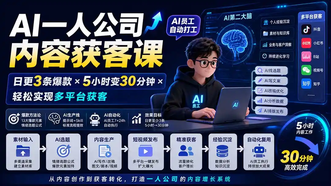 AI一人公司内容获客课-更新8月：日更3条爆款×5小时变30分钟×AI员工自动打工，轻松实现多平台获客-项目资源网