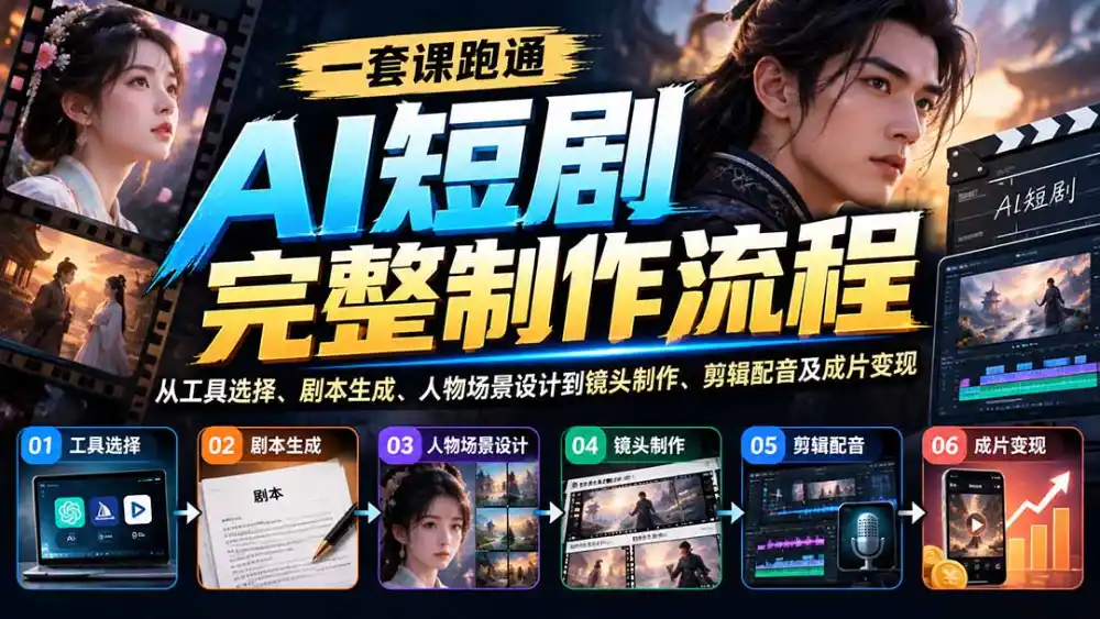 一套课跑通AI短剧完整制作流程:从工具选择、剧本生成、人物场景设计到镜头制作、剪辑配音及成片变现-项目资源网