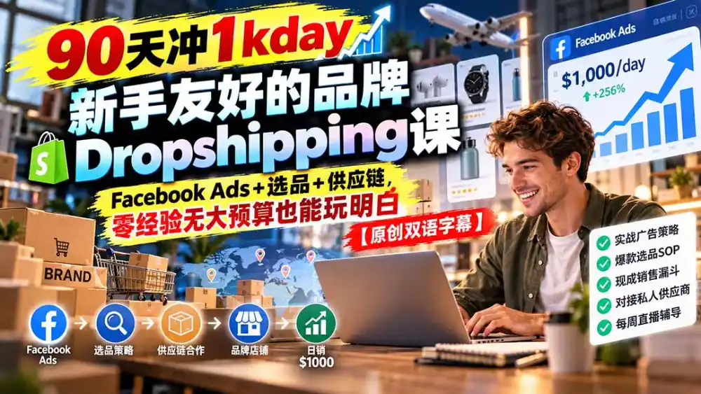 90天冲1kday 新手友好的品牌Dropshipping课:Facebook Ads+选品+供应链,零经验无大预算也能玩明白【原创双语字幕】-项目资源网