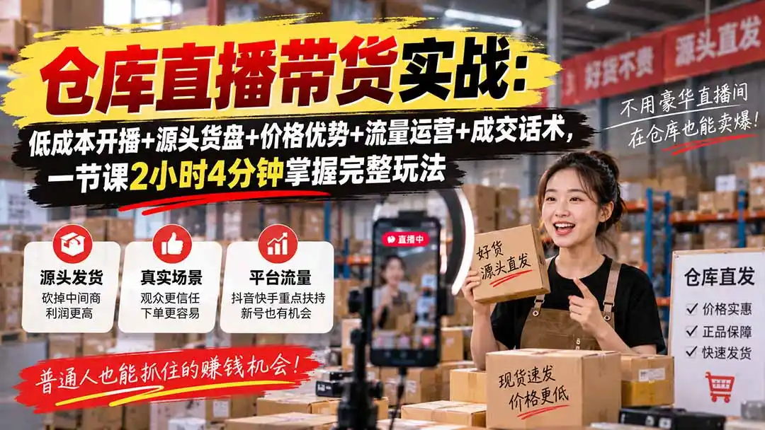 仓库直播带货实战：低成本开播+源头货盘+价格优势+流量运营+成交话术，一节课2小时4分钟掌握完整玩法-项目资源网
