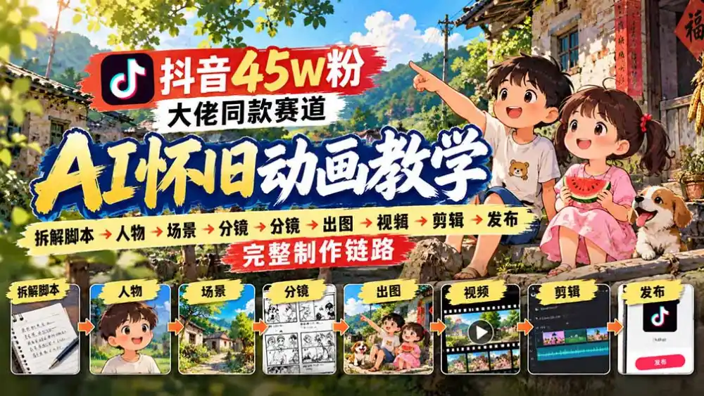 抖音45W粉大佬同款赛道AI怀旧动画教学：拆解脚本→人物→场景→分镜→出图→视频→剪辑→发布完整制作链路-项目资源网