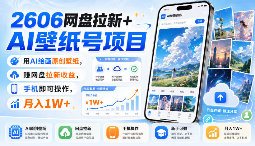 2606网盘拉新+AI壁纸号项目,用AI绘画原创壁纸,賺网盘拉新收益,手机即可操作,月入1W+-项目资源网