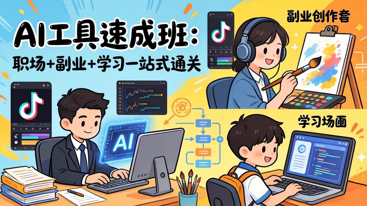 AI工具速成班：职场+副业+学习一站式通关，20+爆款类型+剪映技巧+抖音算法，0基础快速上手-项目资源网