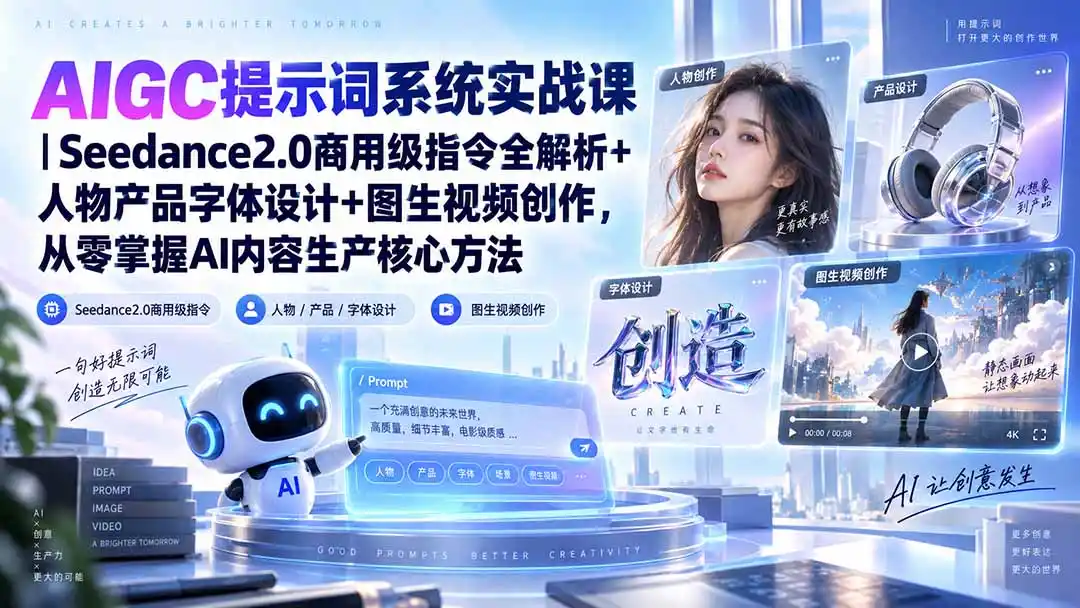 AIGC提示词系统实战课-无水印｜Seedance2.0商用级指令全解析+人物产品字体设计+图生视频创作，掌握AI内容生产方法-项目资源网