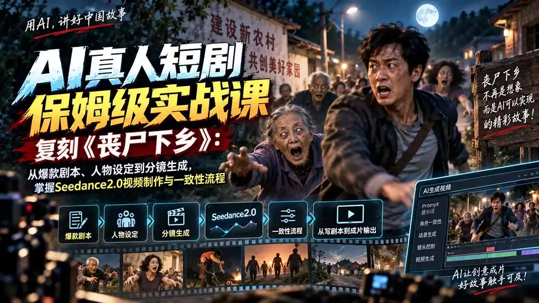 AI真人短剧保姆级实战课，复刻《丧尸下乡》：从爆款剧本、人物设定到分镜生成，掌握Seedance2.0视频制作与一致性流程-项目资源网