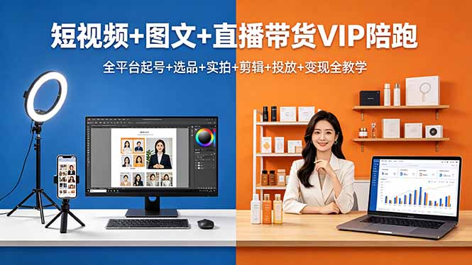 短视频+图文+直播带货VIP陪跑,全平台起号+选品+实拍+剪辑+投放+变现全教学-项目资源网
