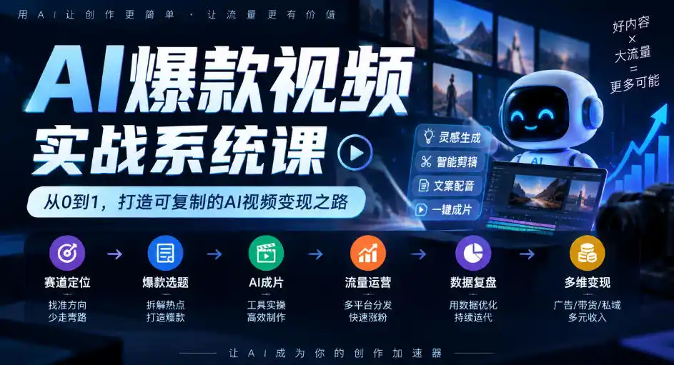AI爆款视频实战系统课｜赛道定位、爆款选题、AI成片、流量运营、数据复盘、多维变现全链路教学-项目资源网