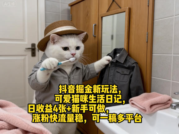 抖音掘金新玩法，可爱猫咪生活日记，日收益4张+新手可做，涨粉快流量稳，可一稿多平台-项目资源网