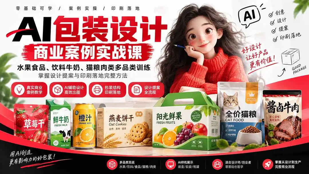 AI包装设计商业案例实战课：水果食品、饮料牛奶、猫粮肉类多品类训练，掌握设计提案与印刷落地完整方法-项目资源网