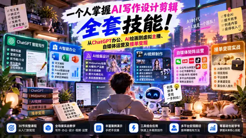 一个人掌握AI写作设计剪辑全套技能:从ChatGPT办公、AI绘画到虚拟主播、自媒体运营及接单变现 一个人掌握AI写作设计剪辑全套技能:从ChatGPT办公、AI绘画到虚拟主播、自媒体运营及接单变现