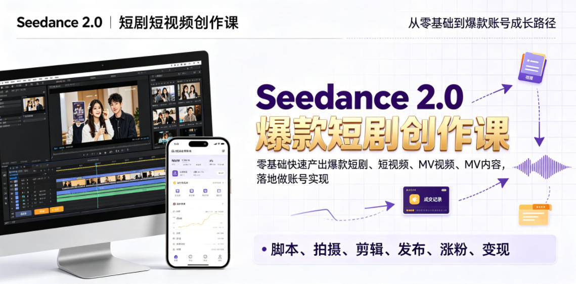 Seedance 2.0短剧短视频创作课，零基础快速产出爆款短剧、短视频、MV内容，落地做账号实现变现-项目资源网
