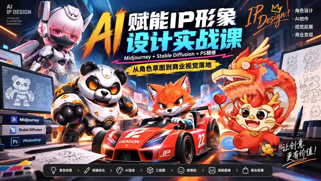 AI赋能IP形象设计实战课-无水印：Midjourney+Stable Diffusion+PS精修，从角色草图到商业视觉落地-项目资源网