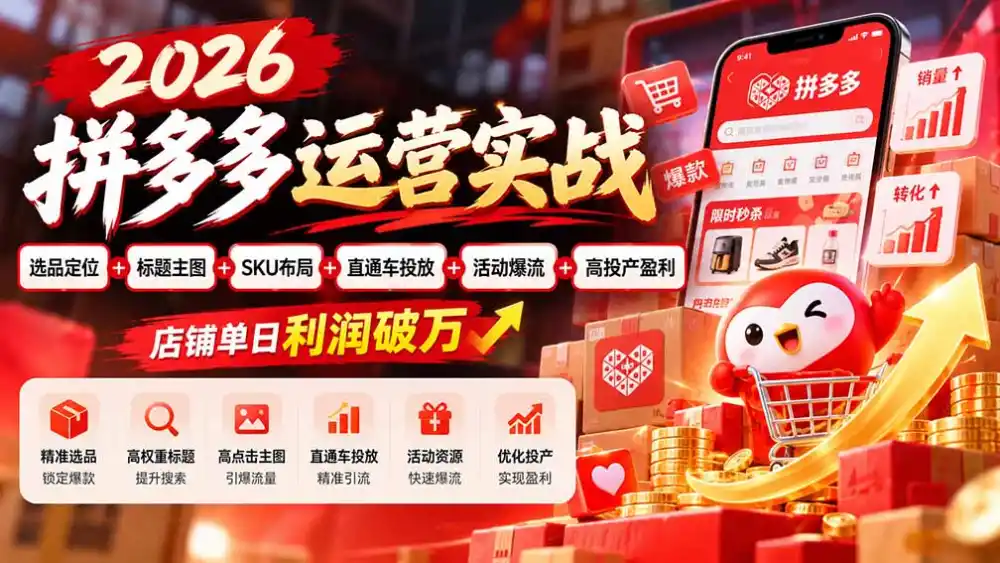 2026拼多多运营实战-更新1002:选品定位+标题主图+SKU布局+直通车投放+活动爆流+高投产盈利 店铺单日利润破万-项目资源网