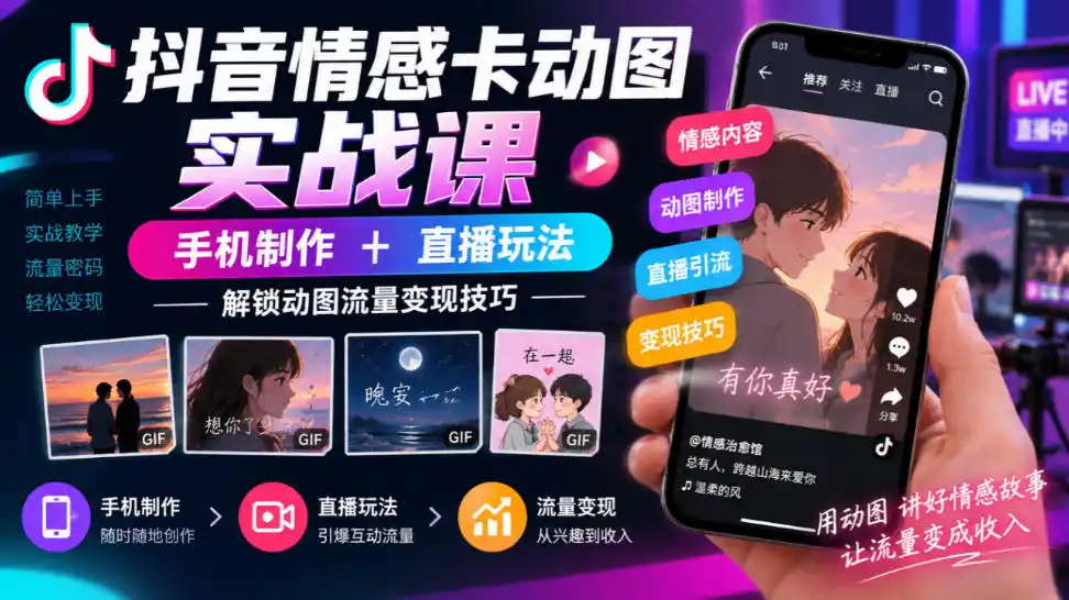 抖音情感卡动图实战课|手机制作+直播玩法,解锁动图流量变现技巧-项目资源网