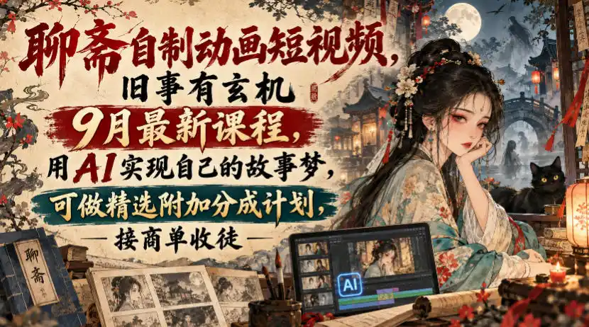 聊斋自制动画短视频,旧事有玄机9月最新课程,用AI实现自己的故事梦,可做精选附加分成计划,接商单收徒-项目资源网