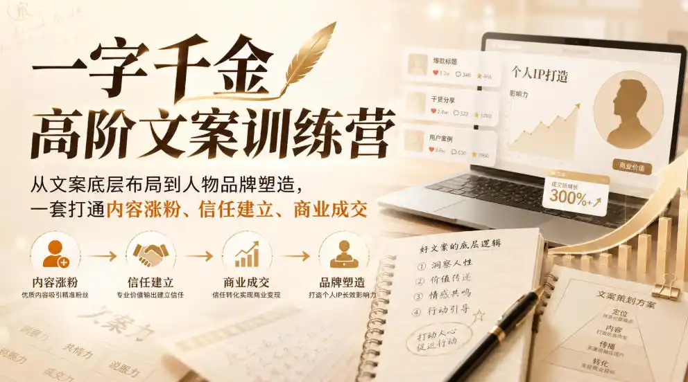 一字千金高阶文案训练营，从文案底层布局到人物品牌塑造，一套打通内容涨粉、信任建立、商业成交-项目资源网