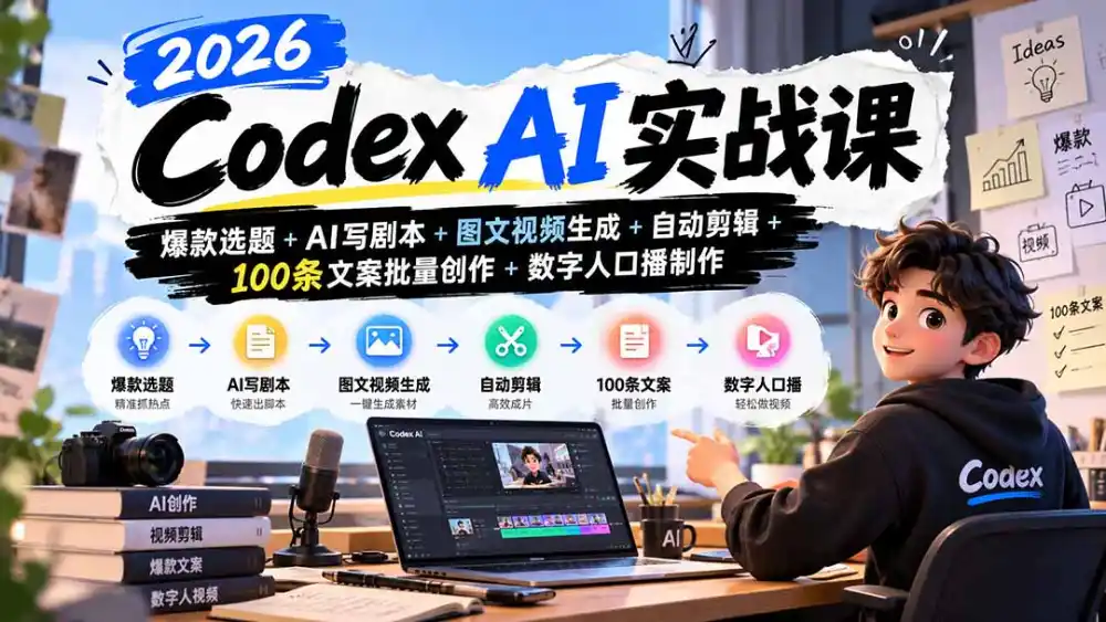 2026Codex AI实战课：爆款选题+AI写剧本+图文视频生成+自动剪辑+100条文案批量创作+数字人口播制作-项目资源网