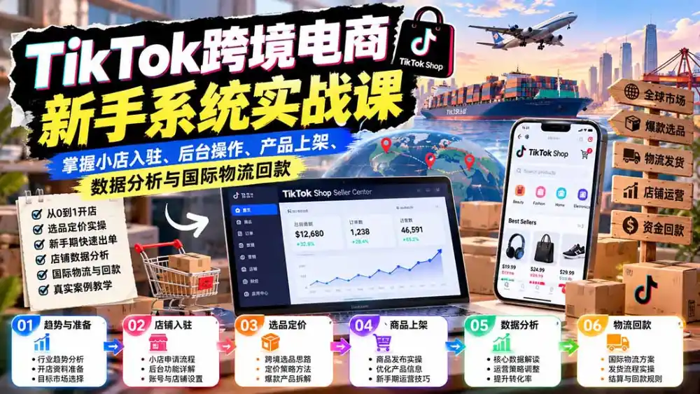 TikTok跨境电商新手系统实战课：掌握小店入驻、后台操作、产品上架、数据分析与国际物流回款-项目资源网