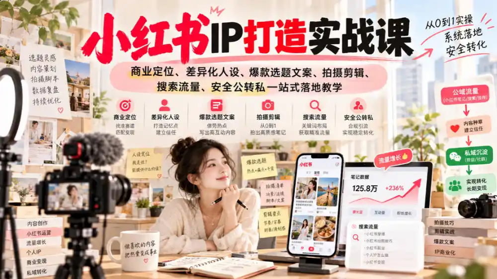小红书ip打造实战课,商业定位、差异化人设、爆款选题文案、拍摄剪辑、搜索流量、安全公转私一站式落地教学-项目资源网