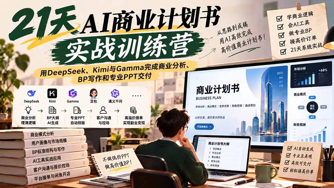 【无水印】21天AI商业计划书实战训练营：用DeepSeek、Kimi与Gamma完成商业分析、BP写作和专业PPT交付-项目资源网