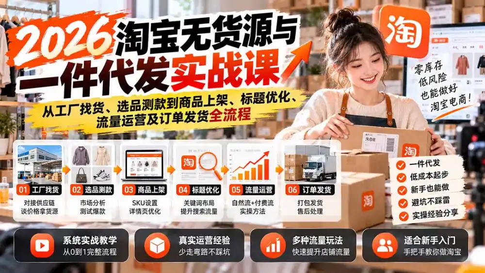 2026淘宝无货源与一件代发实战课：从工厂找货、选品测款到商品上架、标题优化、流量运营及订单发货全流程-项目资源网