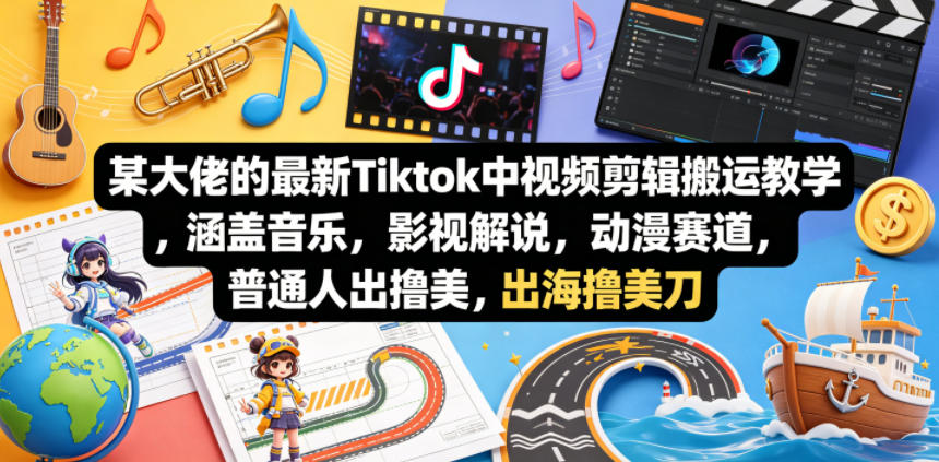 某大佬的最新Tiktok中视频剪辑搬运教学，涵盖音乐，影视解说，动漫赛道，普通人出海撸美刀-项目资源网