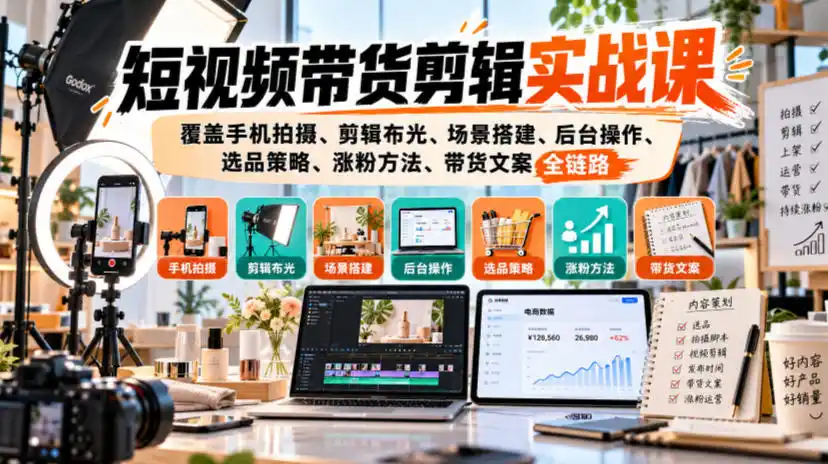 短视频带货剪辑实战课，覆盖手机拍摄、剪辑布光、场景搭建、后台操作、选品策略、涨粉方法、带货文案全链路-项目资源网